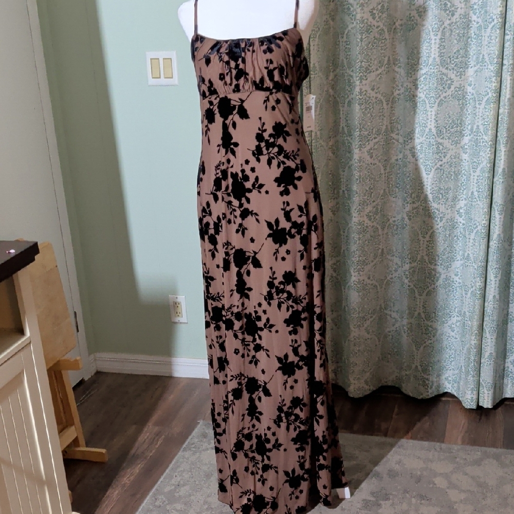 Trixxi Brown Maxi Dress with Black Floral Velvet Print